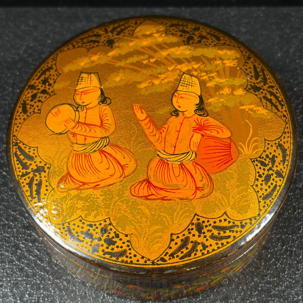 Vintage Persian Lacquer Papier Mache Trinket Box Hand Painted Musicians Gold